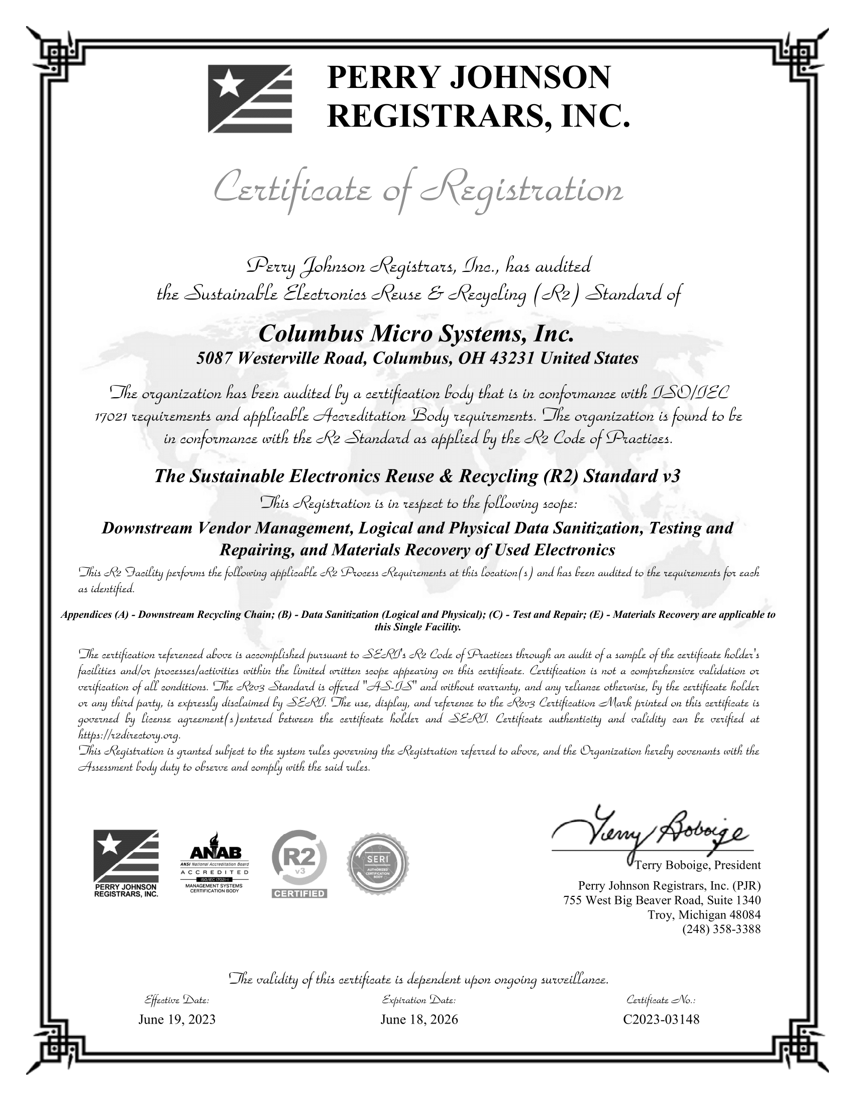 Columbus Micro R2v3 Certification